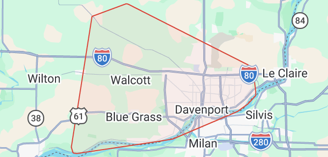 Service area map covering Blue Grass, Davenport, and the Quad Cities